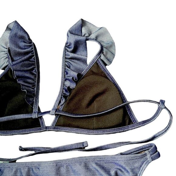 sand castle Navy Solid Ruffle Bikini Set Size Large - Picture 9 of 14